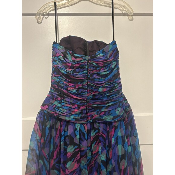 Vintage 80s Pleated Paint Pattern Black Strapless Party Dress Size 10 Chiffon - Picture 4 of 7